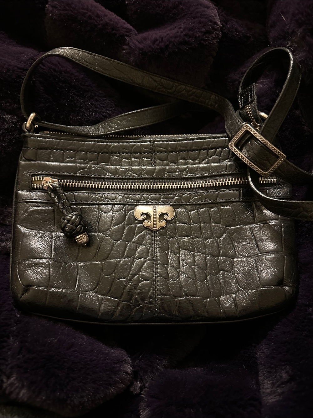 Brighton Black Croc-Embossed Leather Organizer Crossbody with Silver Hardware